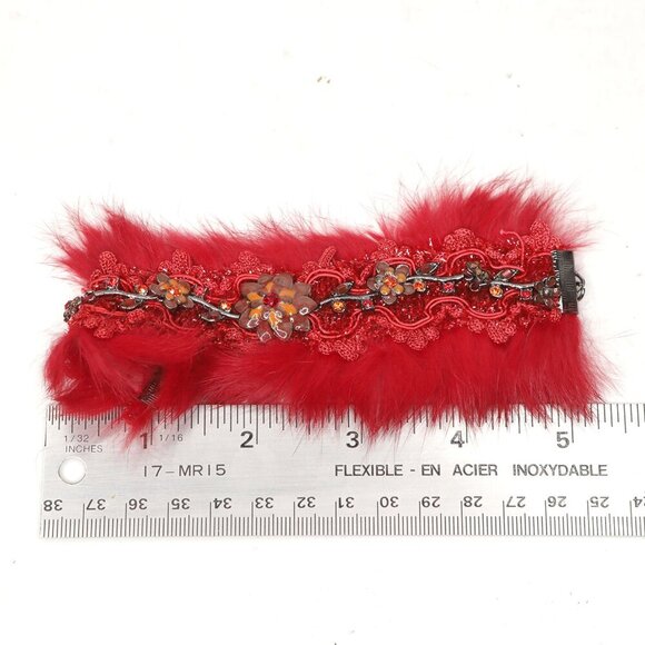 Vintage Nordstrom VCLM Feather Leather Bracelet Enamelled Flower Red - Picture 3 of 9